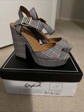 Qupid Black and Red Plaid Platform Block Heels